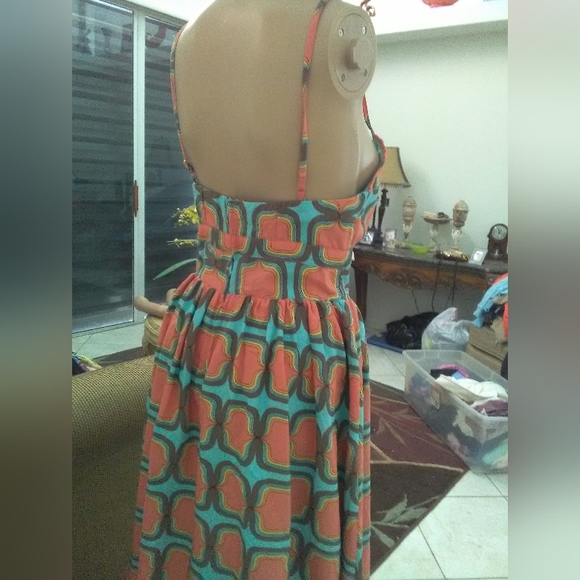 BNWOT UNIQUE BOUTIQUE DRESS BEAUTIFUL BLUE, ORANGE & BROWN GEOMETRIC A-LINE - Picture 7 of 8